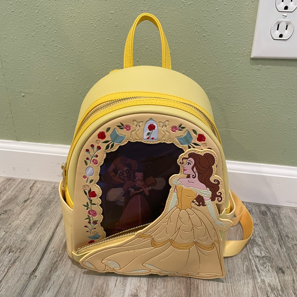 Loungefly holographic beauty and the beast Yellow Belle Mini Backpack Disney